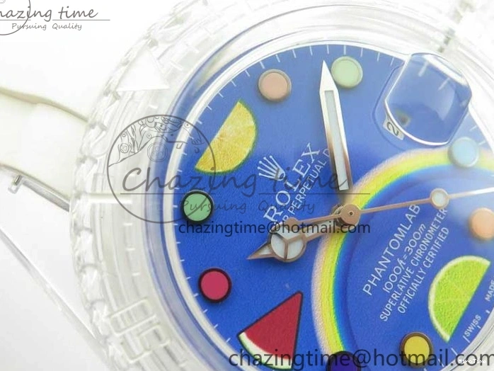 MiroTime 0123 Submariner Phantomlab Transparent KZF Best Edition Blue Fruit Dial on White Rubber Strap VR Classic 2563